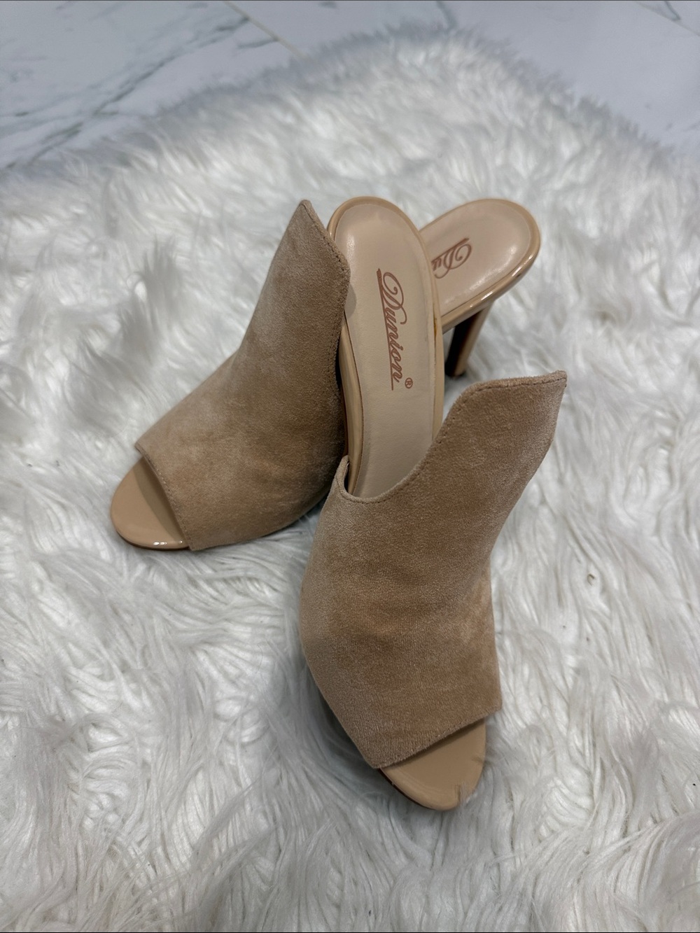Taupe Suede Peep-Toe Mule Heels